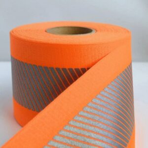 Fluorescent Orange FR Narrow-Width Fabric with 2″ 3M™ Scotchlite™ Reflective Material 5535 Silver Segmented FR Transfer Film